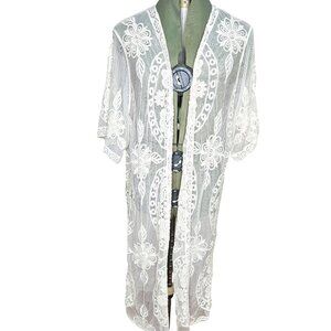 White Sheer Floral Lace Kimono Cardigan Cover Up Open Front 3/4 Sleeve S-M